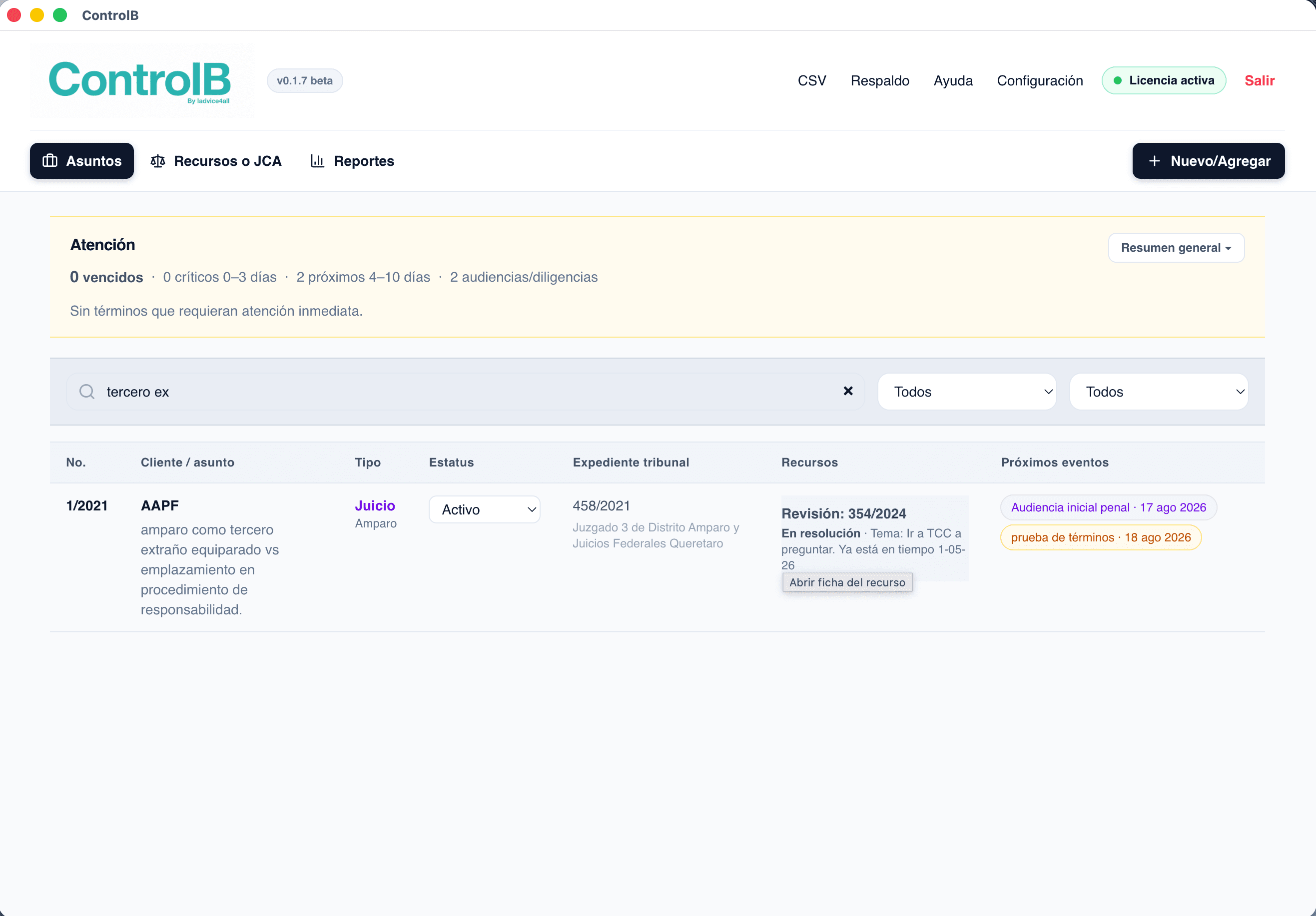 Vista principal de ControlB con tablero de asuntos, buscador y recursos vinculados