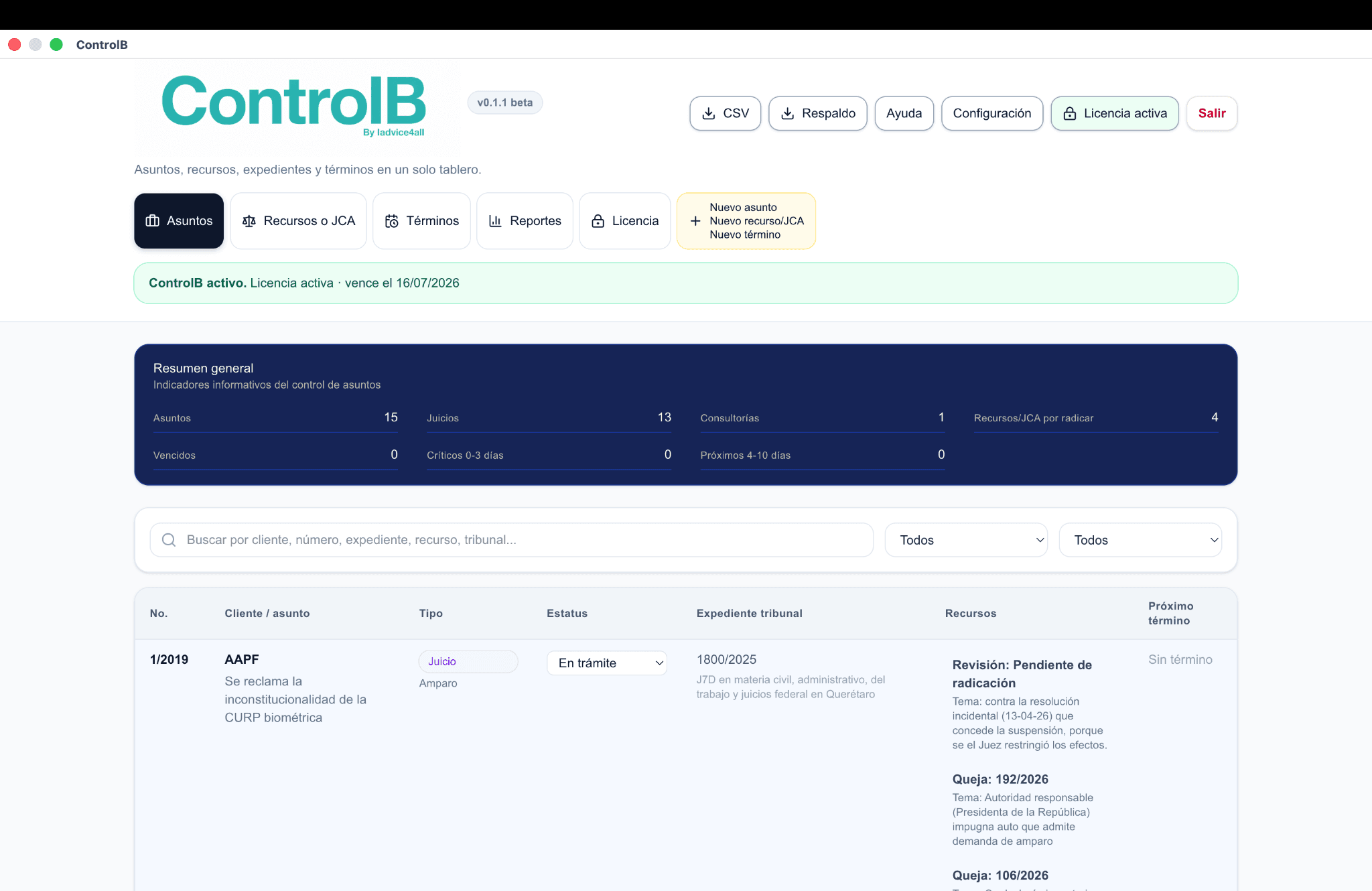 Vista principal de ControlB con tablero de asuntos, buscador y recursos vinculados